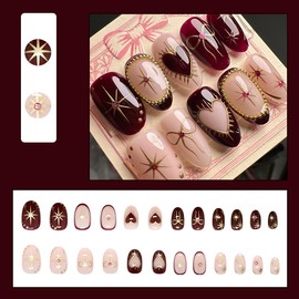 Almond Press on Nails Short Oval Fake Nails Gold Star Bow Acrylic Nails with Pink Rhinestone False Nails Red Full Cover Glue on Nails French Heart Artificial Stick on Nails Supplies for Women 24Pcs