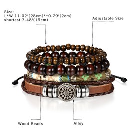 Cupimatch 8 Pcs Wrap Leather Wristbands Bracelets, Wood Beads Bracelets for Men Women Adjustable7-11