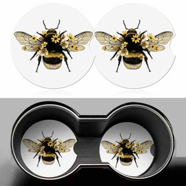 Bee Car Coasters for Cup Holders Flower Wild Bee Art Car Cup Holder Coasters 2 Pack for Car, Anti Slip Ceramic Car Cup Mat with Finger Notch Cute Car Interior Accessories for Women Men