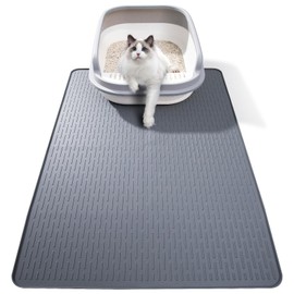 Silicone Cat Litter Mat, 34"x22" Waterproof Litter Box Mat Cats Feeding Mats with Raised Edges, Quick Clean Desig (Grey)