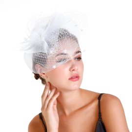 YoralCrea Women Cocktail Tea Party Headwear Flower Birdcage Pillbox Hat Wedding Veil Vintage Fascinator with Feather White, 1