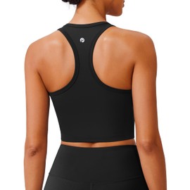 PINSPARK Black Sports Bra Athletic Tank Tops for Women Racerback Padded Longline Yoga Tops Tennis Workout Tank Built in Bra Large,Black