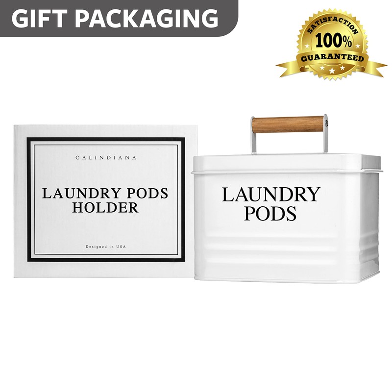 Calindiana Modern Farmhouse Metal Laundry Pods Holder Container with Lid
