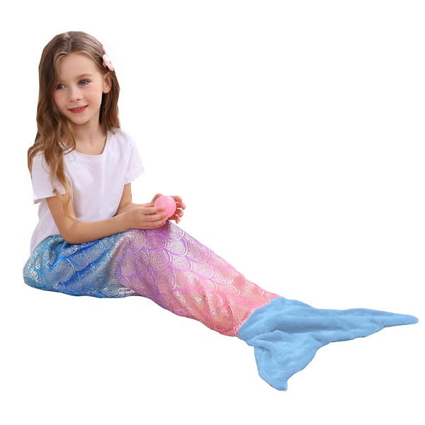 Viviland Kids Mermaid Tail Blanket - Girls Toddlers Mermaid Toys - Flannel Mermaid Blanket Gifts for Girls - Glittering Rainbow Ombre Mermaid Tale Blanket - Blue Tail 17"×39"