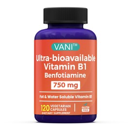VANI 750MG Benfotiamine with B1, 5X Time Fat & Water Soluble Thiamine B1 Supplement – Third Party Tested, No Gluten (120 Capsules)