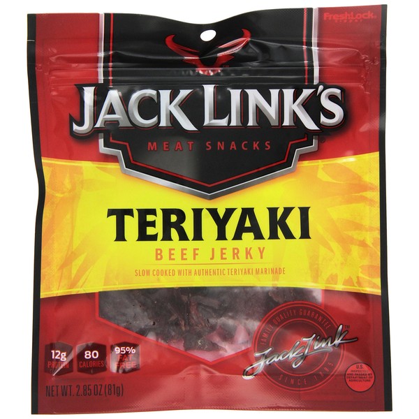 Jack Link's Beef Jerky, Teriyaki Flavor, 2.85 Oz - Flavorful Meat Snack, 10g Of Protein And 80 Calories, Made With Premium Beef - 95 Percent Fat Free, No Added MSG Or Nitrates/Nitrites