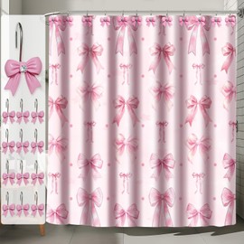 UMACWIN Pink Bow Shower Curtain with Hooks Decorative, Aesthetic Cute Shower Curtains and Hooks Set for Bathroom Decor (Pink Bow, 72X72 Inch)