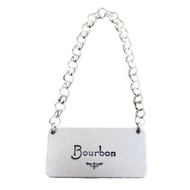 Individual Liquor Alcohol Bottle Decanter Label (1) Tag, Choose From 7 Hand-Stamped Silver-Color Aluminum on Chain, 1"X2" Decorative Victorian Rococo Gift Ideas for Men, Home Bar Decor (Bourbon)