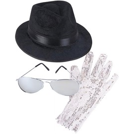 MJ King of Pop Costume Bundle with Fedora Hat Glove and Sunglasses Black/Silver