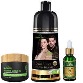 Herbishh Dark Brown Hair Dye Shampoo 200ml + Argan Oil 30ml + Argan Hair Mask 150ml – Complete Grey Coverage & Hair Repair System