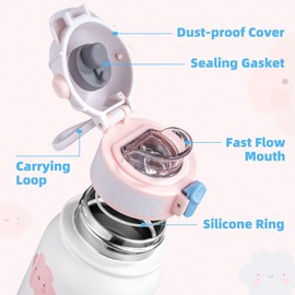 OLDLEY Insulated Kids Water Bottle 350ml/12oz Stainless Steel Metal Water Bottles Leakproof Double Walled Cute Vacuum Small Flask with Handle Keep Drinks Hot Cold for Boys Girls Children (Cloud)