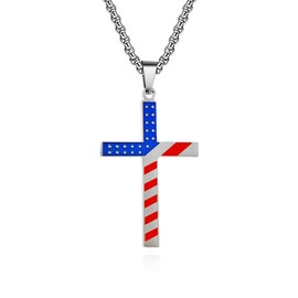 LOSTERLO Cross Pendant Necklaces For Men Women Stainless Steel White Blue Red American Flag Engraved Inspirational Bible Verse Classic Cross Pendant Religious Gift Chain Length 23.6in