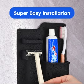 BALDER Toothbrush and Razor Holder - Bathroom Accessories, Toothbrush Holder Set - Wall Mounted Shower Accessories - Removable and Reusable Bathroom Toiletry Organizer - Black