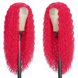 Curly Wig for Women, Hot Pink Wig, 26 inch, Synthetic Long Curly Wigs