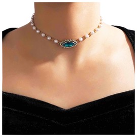 Cimenexe Bohemian Emerald Crystal Choker Necklace Gold Pearl Rhinestone Necklace Pearl Station Necklace Chain Vintage Crystal Clavicle Necklace Jewelry for Women and Girls