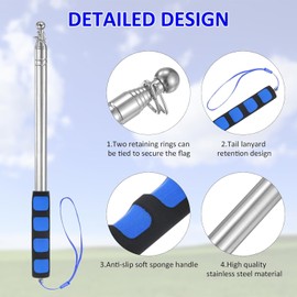 Dzxin Telescopic Flag Pole, 2M Handheld Flagpoles Stainless Steel Handheld Flag Pole Portable Extendable Flag Pole for Teacher Classroom Tour Guide Banner Flag (Blue)