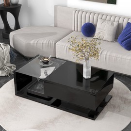 LUMISOL Glass-Top Coffee Table Center Room Table with High-Gloss UV Surface, 2-Tier Rectangle Center Table, Wooden Cocktail Table for Living Room, Black