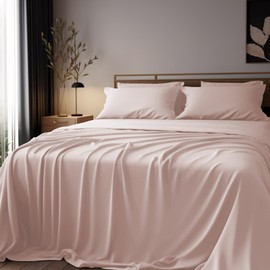 JSELF Bamboo Viscose Sheets Queen Size Bed Sheets 4-Piece Set, 100% Organic Bamboo Viscose 400 Thread Luxurious Soft Count Percale, Cooling and Breathable Double Stitching Bedding, 16” Deep Blush Pink