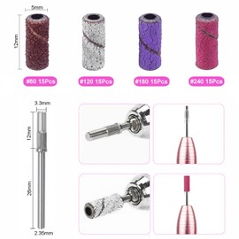 Bestgle 60Pcs Nail Sanding Bands for Nail Drill, Nail Drill Sanding Tape with 3/32" Mandrel for Manicures Pedicures 80# 120# 180# 240# Grits