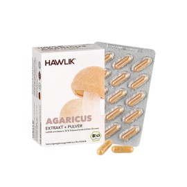 HAWLIK Vital Mushrooms Organic Agaricus Extract + Powder Capsules | 60 Capsules in Bilster | With Vitamin C | Extract & Powder | Natural Cultivation | Vegan