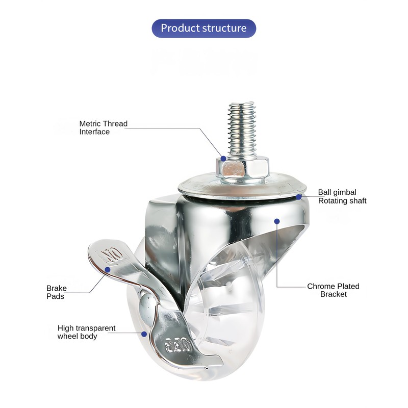 2 Inch Clear Swivel Caster Wheels, M8×15 Threaded Stem, 77