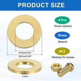 sourcing map 6 Pack Brass Flat Washer, M12 Copper Washers Crush Washer Kit Assortment, 12mm ID, 24mm OD, 2.5mm Thick for Bolts Screws Machinery Repair, Outdoor Construction