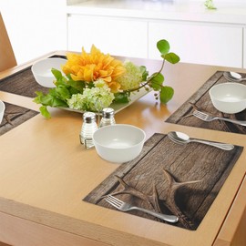 Ambesonne Antlers Place Mats Set of 8, Deer Antlers on Wood Table Rustic Texture Surface Hunting Season Fall Gathering Art, Washable Fabric Placemats for Dining Table, Placemat 8 pcs, Umber