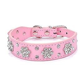 Haoyueer Rhinestone Dog Collar, Cute Flower Rhinestone Cat Dog Collar Bling Collar PU Leather Collar Adjustable Sizes Small Medium Large(Pink,L)