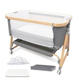METACHOICE Baby Bassinet Bedside Sleeper CPSC Certified 3-in-1 Portable Crib with 4in Large Wheels 6 Height Adjustable Includes Mosquito Net Mattress Storage Basket Aluminum Alloy Woodgrain Gray