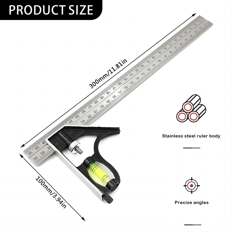 Bailinks 12Inch/300mm combination square, engineers square Stainless Steel metal ruler,