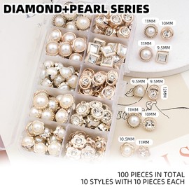GIONAR 100Pcs Buttons for Sewing, Pearl Buttons and Diamante Buttons, 10 Types Mixed Packaging Sew in Faux Imitation Pearl/Diamante Buttons, 9.5-11mm Buttons for Shirt, Sweater, Cardigan(Pearl)