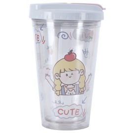 Cute Cartoon Girl Pattern Water Cup Portable Double Wall Plastic Cup with Lid and StrawPink 450ml