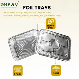 eMKay® Pack of 5 Large Heavy-Duty Foil Aluminium Trays with Lids–32 x 26 cm Deep Tin Containers for Cooking, Baking,Roasting, BBQ, Meal Prep Storage, Ideal for Christmas Parties,Catering and more