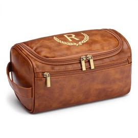 OXYEFEI Toiletry Bag Men,Gifts for Men,Mens Toiletry Travel Shaving Dopp Kit Bag with Initial PU Leather Cosmetic Bags Organizer Storage Accessories (R)