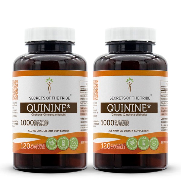 Secrets of the Tribe Quinine Capsules 1000 mg Wildcrafted Quinine (Cinchona officinalis) Dried Bark, Leg Cramp Support Supplement (2x120 Capsules)