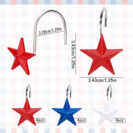 Whaline 12Pcs Patriotic Stars Shower Curtain Hooks 4th of July Independence Day Decorative Shower Rod Rings Resin Curtain Hanger Hooks for Living Room Bedroom Bathroom Decor