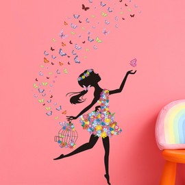 SWORNA Flower Fairy Wall Decals Peel and Stick Large Princess Wall Decals for Girls Bedroom with Birdcage Pink Butterfly Wall Decor Stickers for Baby Girl Nursery Living Room Classroom (2 Sheets)