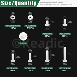 Keadic 330pcs M6 White Nylon Plastic Pan Round Head Screws, Nylon Plastic Pan Round Head Screws Bolts and Nuts Washer Kit for Fastening