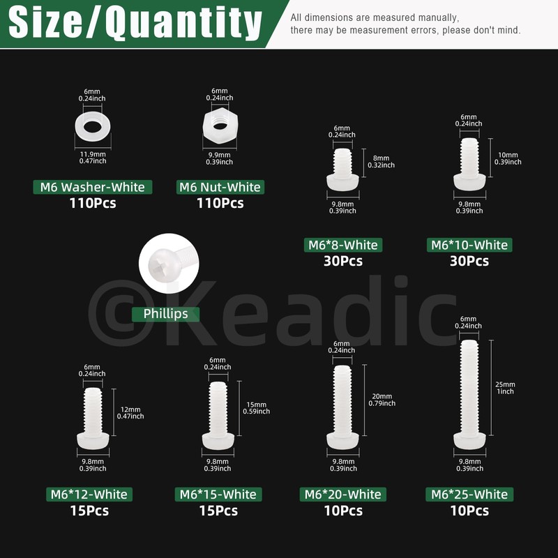 Keadic 330pcs M6 White Nylon Plastic Pan Round Head Screws,