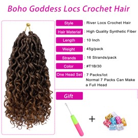 Boho Goddess Locs Crochet Hair 10 Inch 7 Packs Faux Locs Crochet Hair for Women Pre Looped Crochet Braids River Locs Crochet Hair with Curly Ends (10 Inch 7 Packs, 1B/30)
