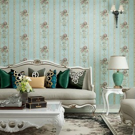Q QIHANG Self-Adhesive Wallpaper 3D American Wallpaper Bedroom Background Wall Thickening Wallpaper Living Room Dining Room Retro Striped Peel and Stick Wallpaper 1.73'W x 29.5'L (Blue)