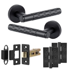 Decoranddecor Tore Lever On Rose Door Handles – Diamond Pattern Matt Black Handle Set with 2.5-Inch Tubular Latch & Hinges for Internal Doors