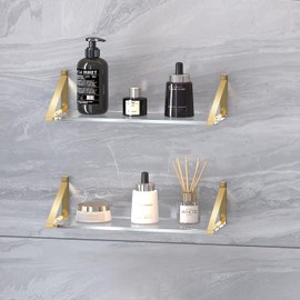 KDCMXS Sturdy Large 25×5.9 inch Thicker 2/5"(10mm) Crystal-Clear Acrylic Gold Shelves for Wall,Gold Floating Shelves,Clear and Gold Shelves Pack of 2,Clear Shelves for Wall Décor, Bathroom,Bedroom