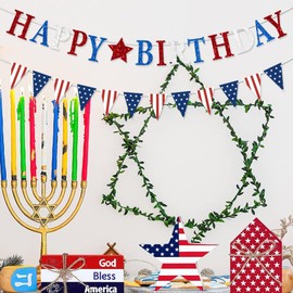 FHGG Glitter 4th of July Birthday Banner Party Decoration American Stars Stripes Flag Bunting Garland USA Triangle Red White and Blue Happy Birthday Memorial Day Patriotic Supplies