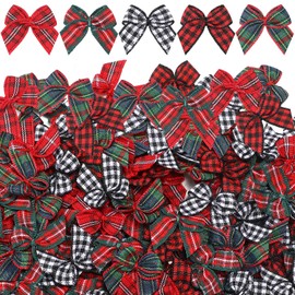 Chuangdi 150 Pcs Christmas Mini Plaid Ribbon Bows Buffalo Plaid Bows Ribbon Bow Appliques DIY Craft for Sewing, Scrapbooking, Wedding, Christmas Tree Gift Decorations (Classic)