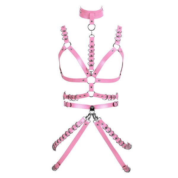 BBOHSS Women's Body Harness Leather Bra Garter Out Belt Gothic Punk Belt Halloween Dance Garter Costume Accessory, pink