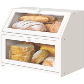 White Large Bread Box for Kitchen Counter, Double Layer  Wooden Large Capacity Bread Storage Bin - Color: Natural