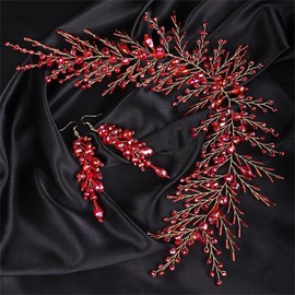 Aimimier Bridal Crystal Hairband Long Hair Vine Crystal Beaded Headband Wedding Prom Party Festival Fashion Hair Accessory for Women (Red)