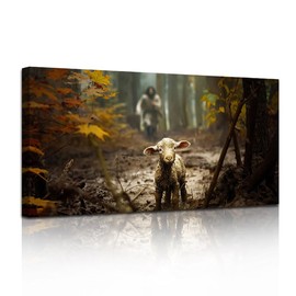 SEVOJO Jesus and Lamb Canvas Wall Art - Jesus Saving The Lost Lamb HD Christian Wall Art for Bedroom Living Room Decor With Frame,16"x31"