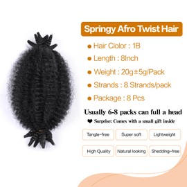 Marley Twist Braiding Hair 8 Inch, Springy Afro Twist Hair Natural Black Mini Twist Hair Spring Twist Hair 8 Packs Soft Locs Kinky Twist Hair Extensions for Black Women (8 Inch,8Pack,1B)